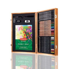Derwent Academy Boîte en bois avec 12 crayons de couleur, 12 crayons de couleur aquarelle, 6 crayons à dessin graphite, pinceau,