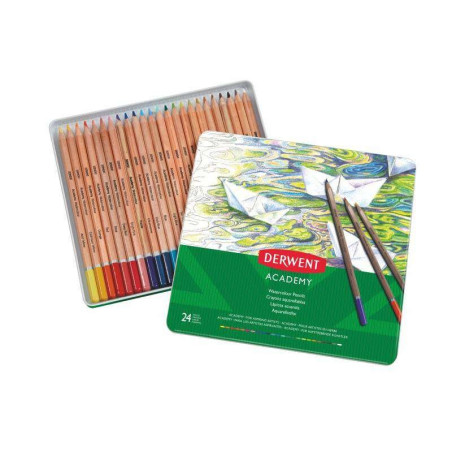 Derwent Academy Lot de 24 crayons aquarelle – Flexibilité de l'aquarelle – Corps en bois naturel – Facile à utiliser – Pigments
