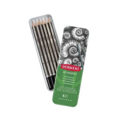 Derwent Academy Sketching Lot de 6 crayons graphite hexagonaux de duretés assorties – Spécial pour les croquis – Corps en bois
